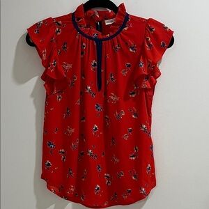 Women’s Blouse XS Red Floral Flutter Sleeve Collar Flowy Romantic Boho Spring